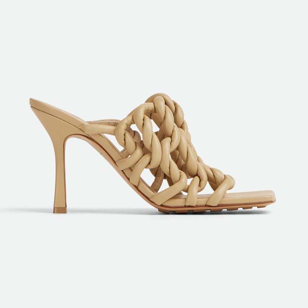 Side view of Bottega Veneta Women Stretch Twist Mule Hand-Twisted Tubular Leather-Beige