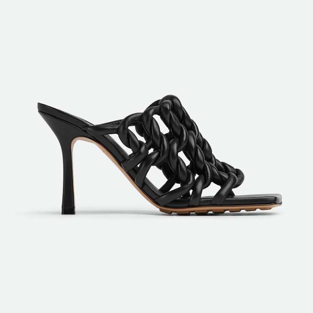 Side view of Bottega Veneta Women Stretch Twist Mule Hand-Twisted Tubular Leather-Black