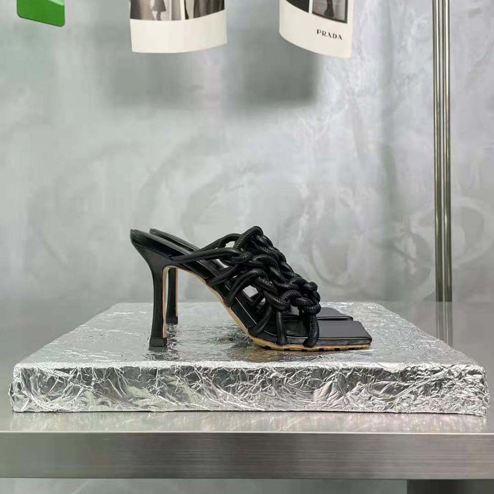 Close-up of hand-twisted leather detailing on Bottega Veneta stretch mule