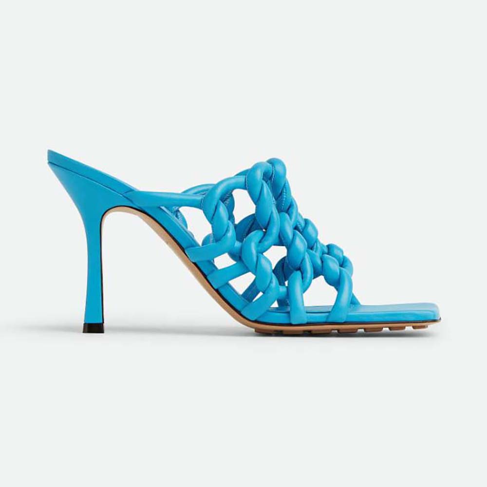 Side view of Bottega Veneta Women Stretch Twist Mule Hand-Twisted Tubular Leather-Blue