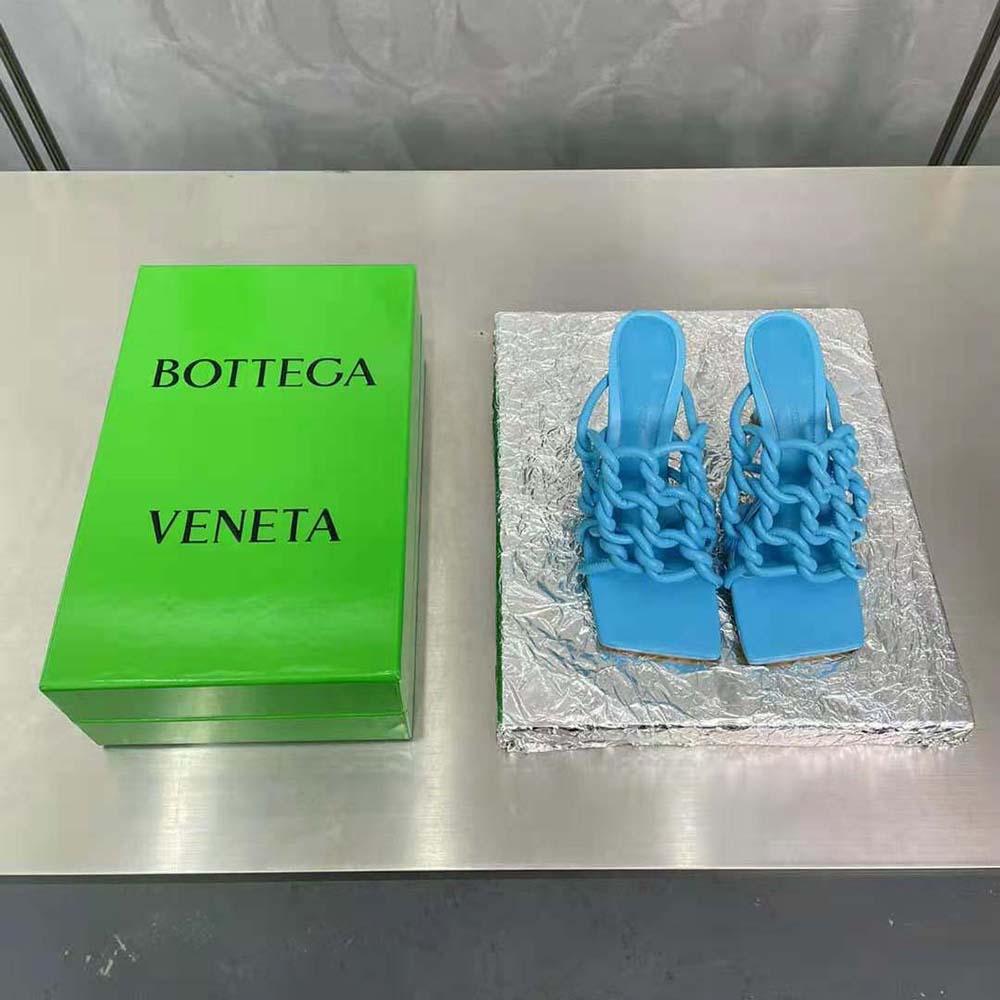Close-up of hand-twisted tubular leather detail on Bottega Veneta mule