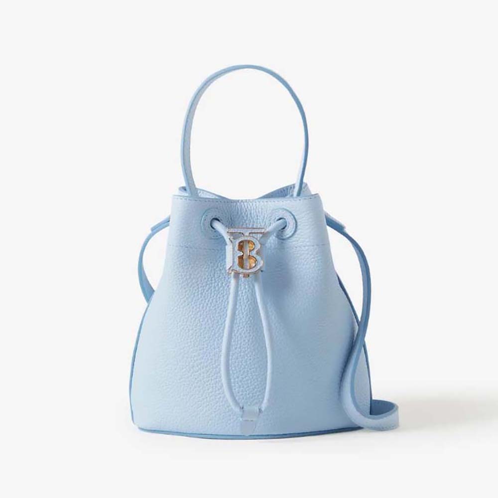 Front view of Burberry Women Mini TB Bucket Bag in blue leather