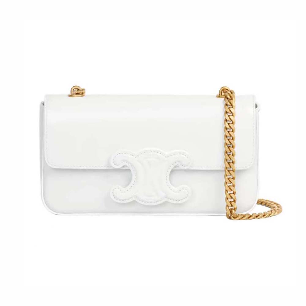 Front view of Celine Women Chain Shoulder Bag Cuir Triomphe in shiny white calfskin