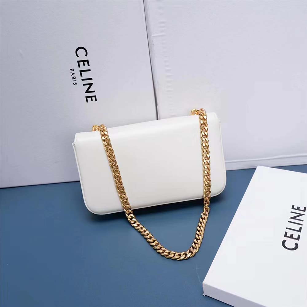 Side angle showing compact silhouette of Celine Women Chain Shoulder Bag in white leather