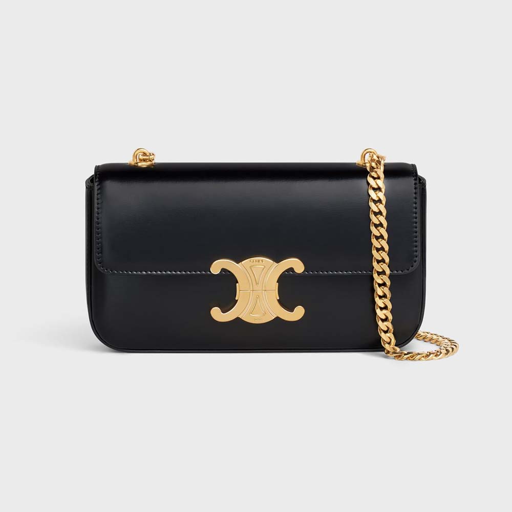 Front view of Celine Women Chain Shoulder Bag Triomphe in black calfskin
