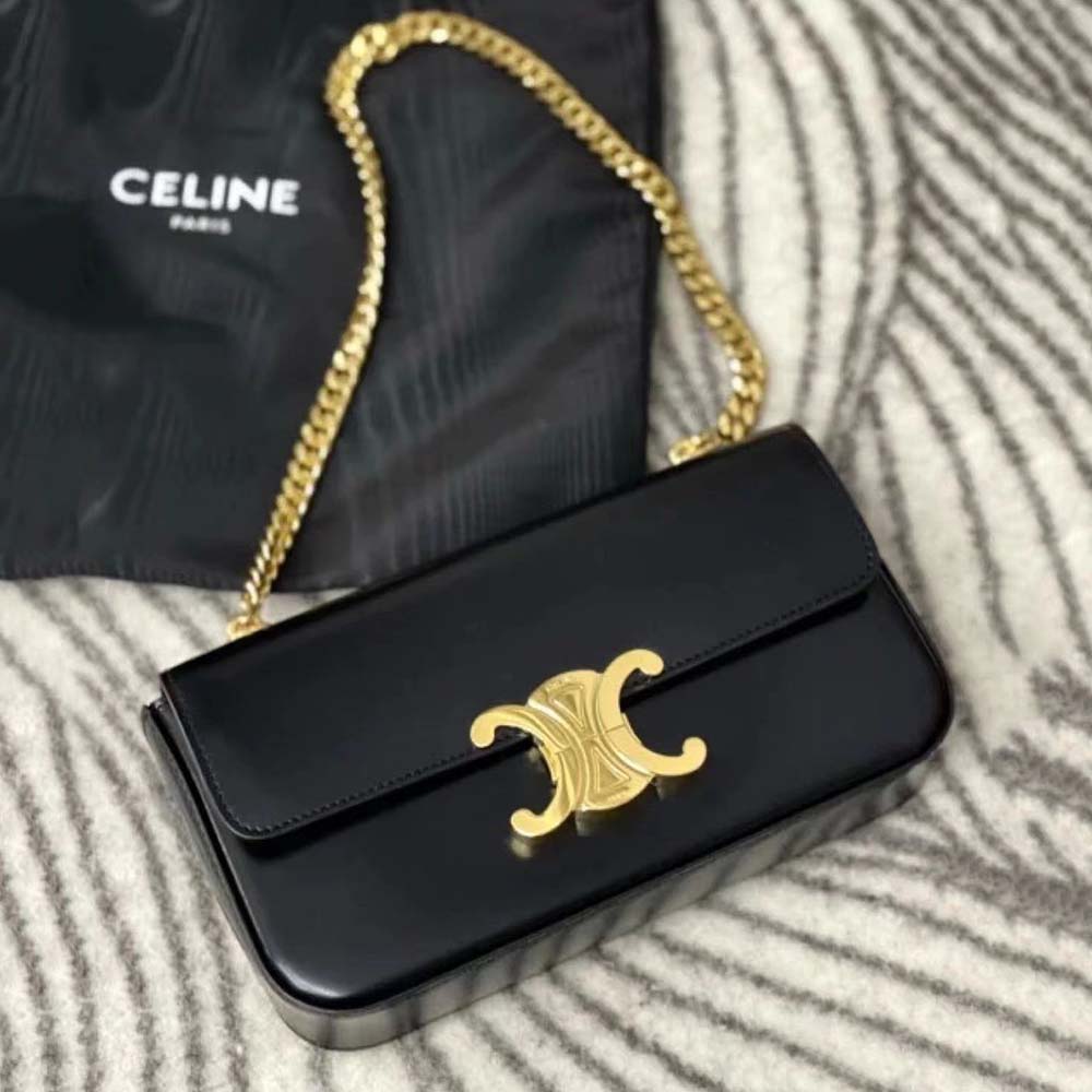 Celine Women Chain Shoulder Bag Triomphe in Shiny Calfskin-Black - image 5