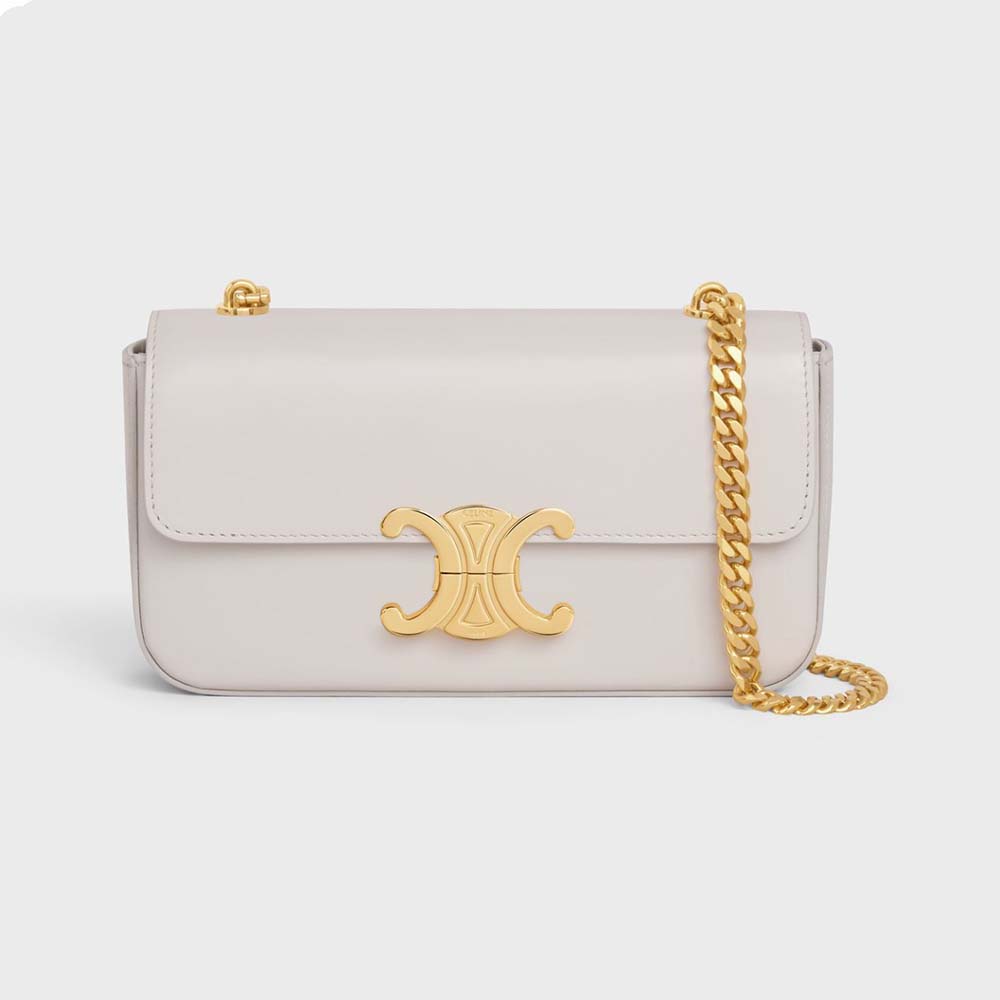 Front view of Celine Women Chain Shoulder Bag Triomphe in Shiny Calfskin-White