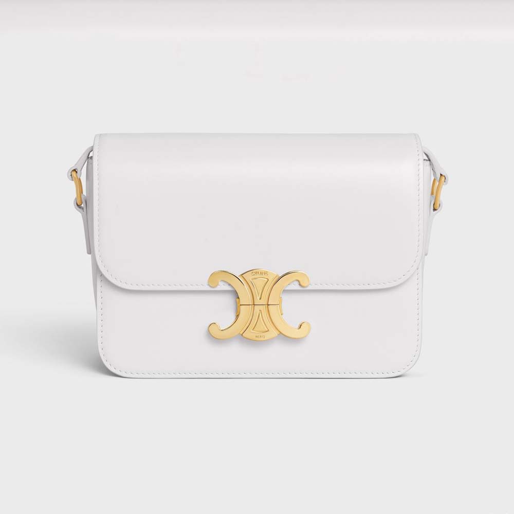Front view of Celine Women Teen Triomphe Bag in shiny white calfskin