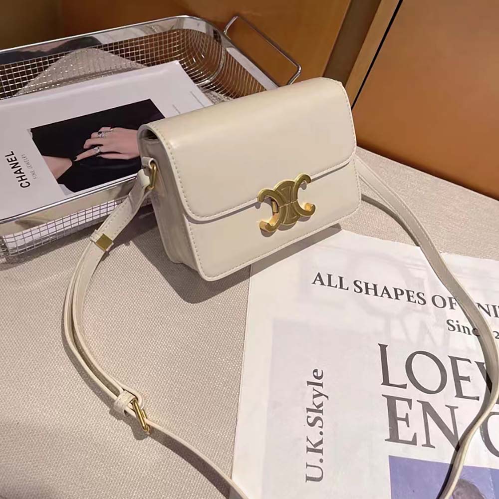 Close-up of gold Triomphe clasp on Celine Women Teen Triomphe Bag