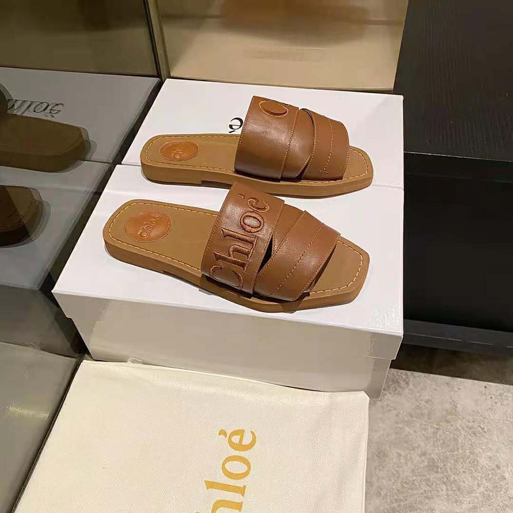 Top angle of Chloe Women Woody Flat Mule-Brown highlighting slip-on silhouette