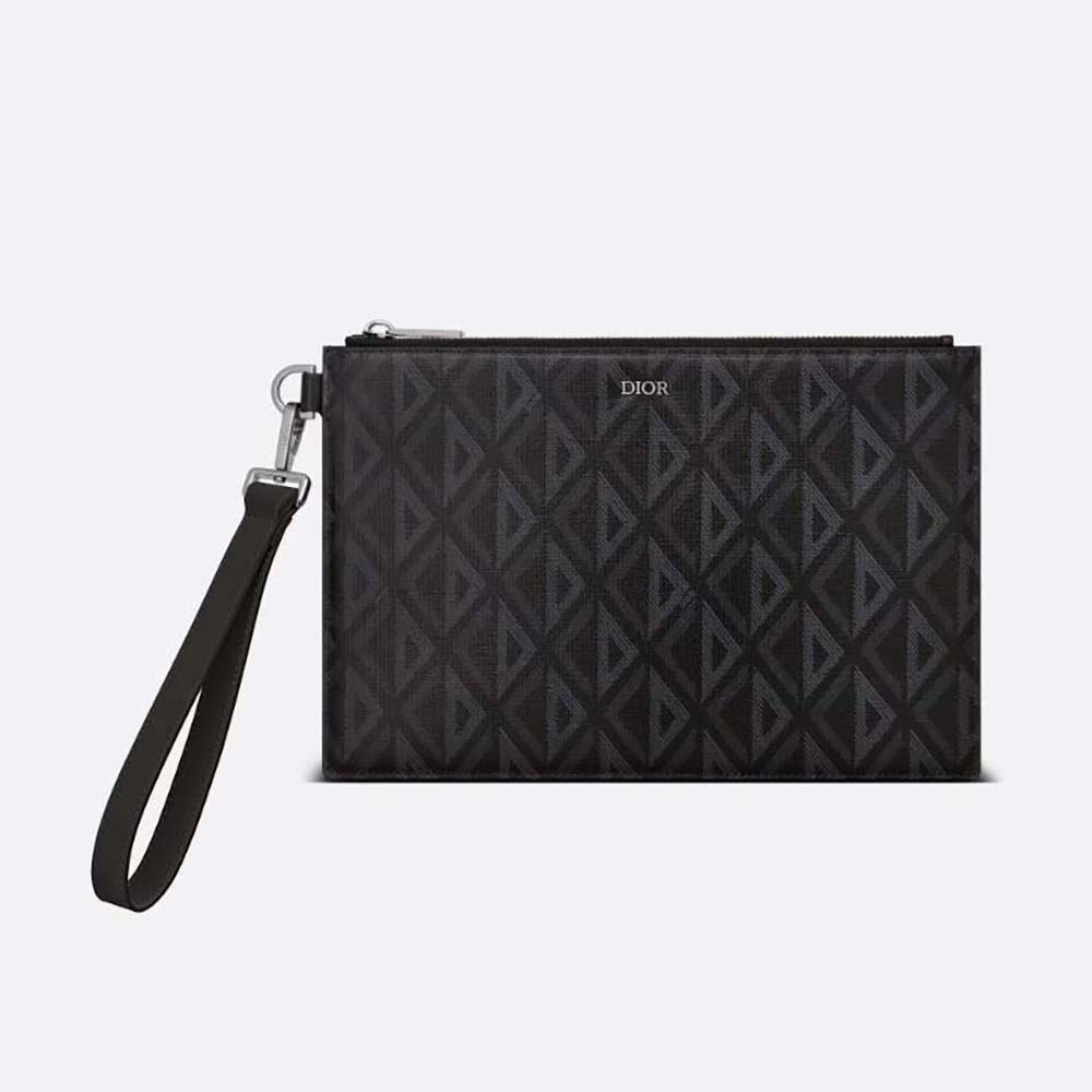 Front view of Dior Men A5 Pouch Black CD Diamond Canvas with zip detail