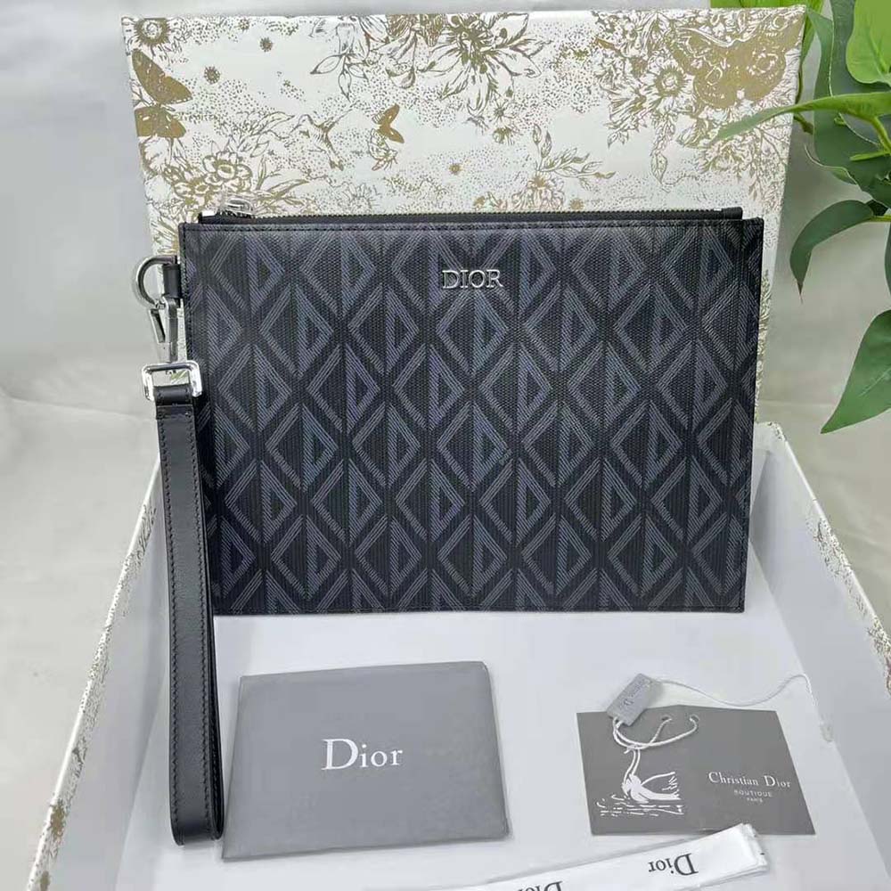 Interior shot showing lining of Dior Men A5 Pouch Black CD Diamond Canvas