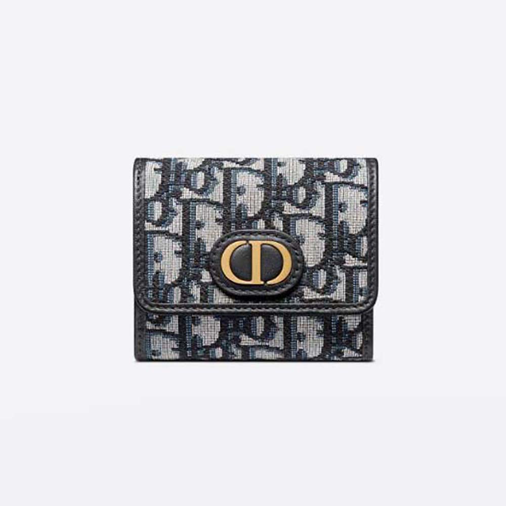 Front view of Dior Women 30 Montaigne Lotus Wallet Blue Dior Oblique Jacquard