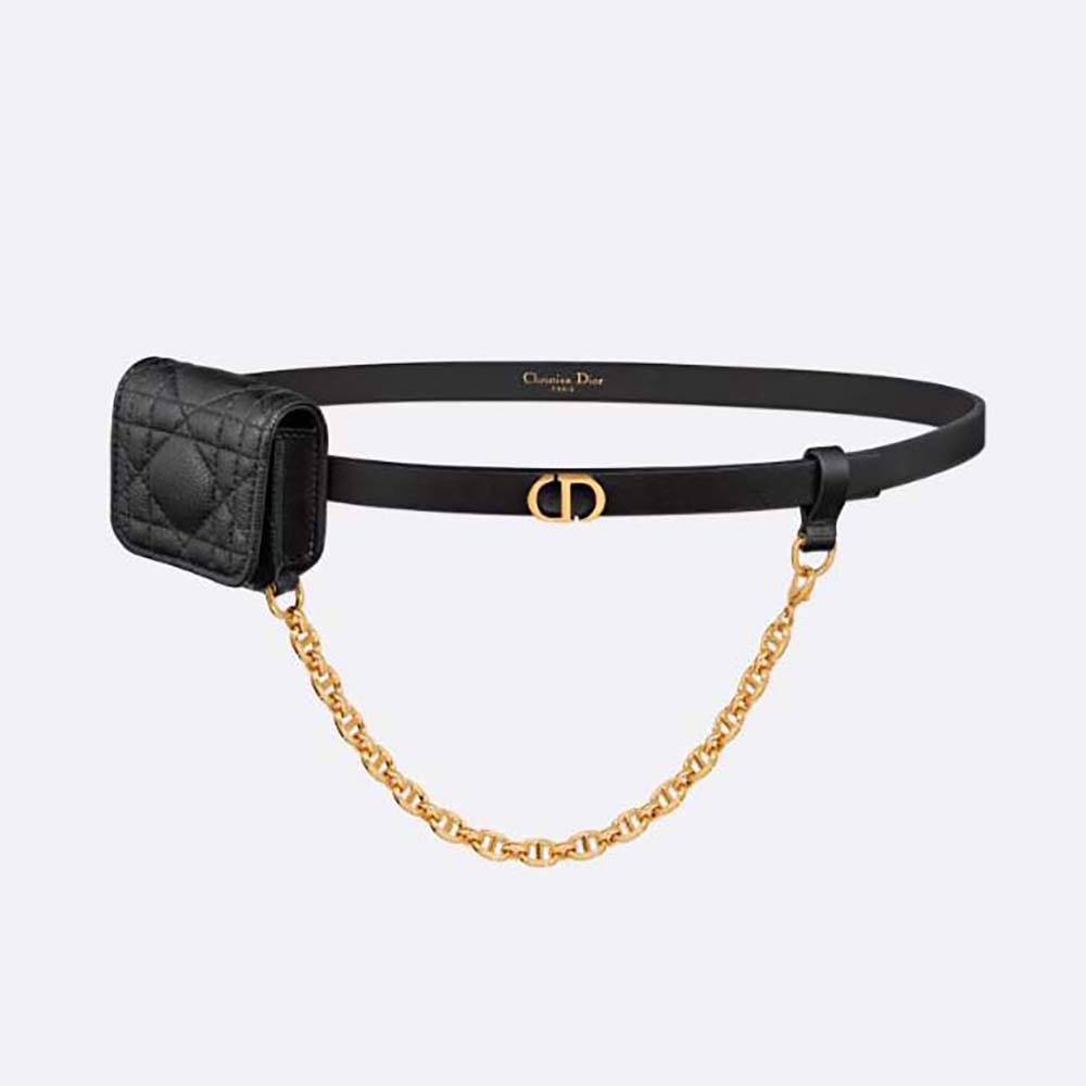 Front view of Dior Women Caro Belt with Removable Pouch in black calfskin