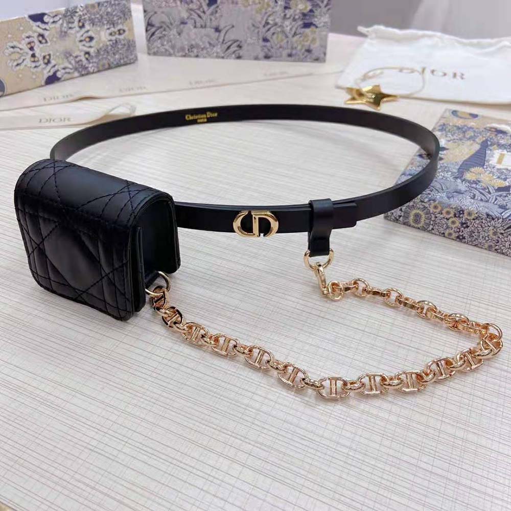 Close-up detail of Cannage stitching on Dior Women Caro Belt pouch