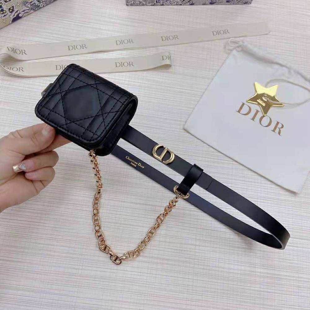 Side angle showing silver-tone buckle and pouch on Dior Women Caro Belt