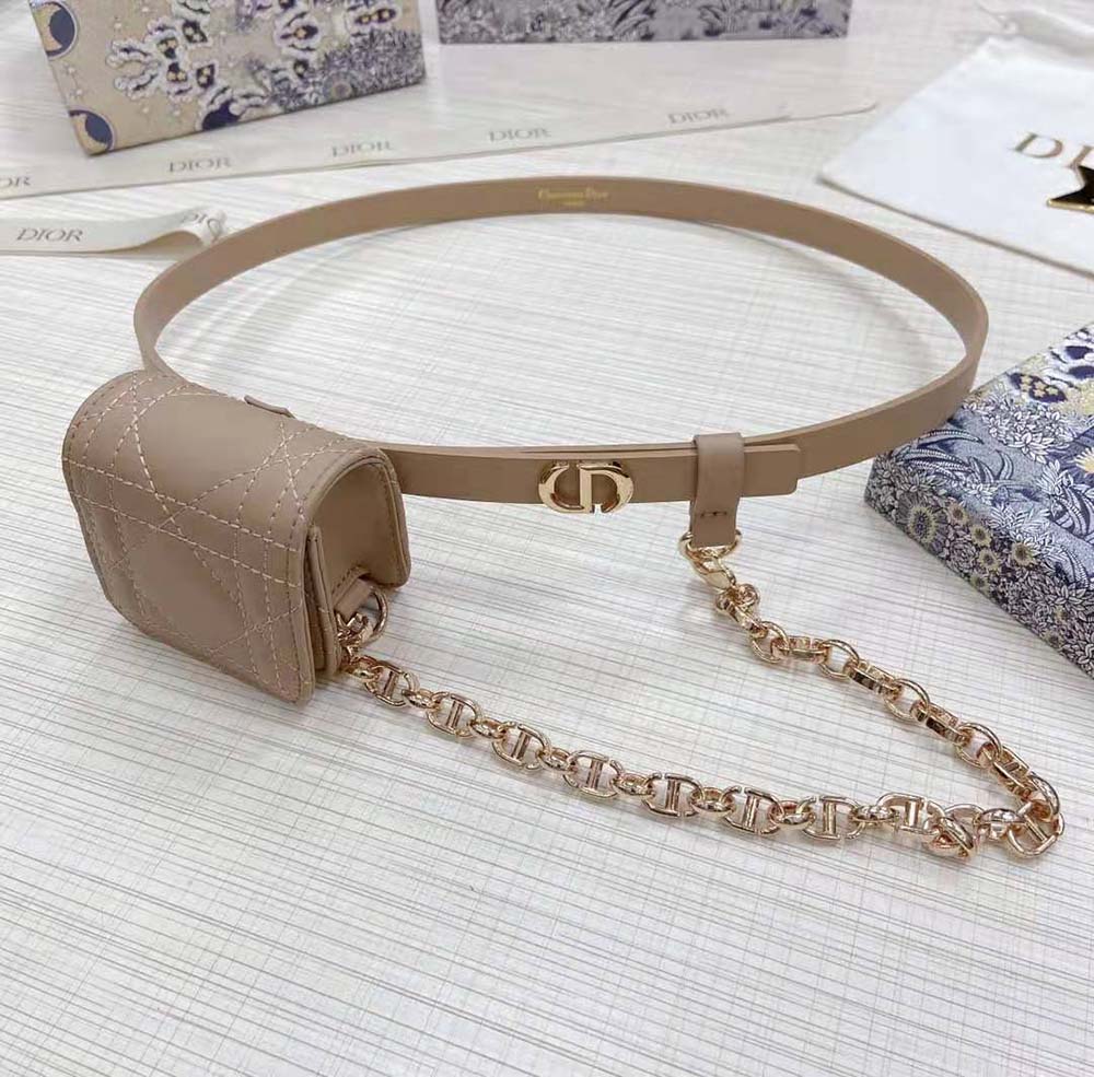 Close-up of gold-tone hardware and Cannage stitching on Dior belt