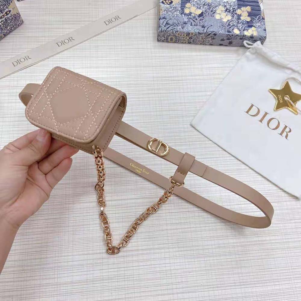 Side angle showing slim profile of Dior Women Caro Belt with pouch