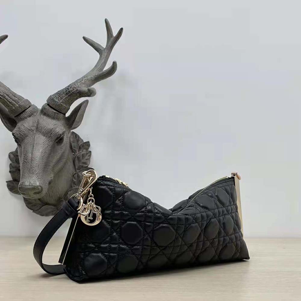 Side angle of Dior Women Club Bag Black Cannage Lambskin with chain strap