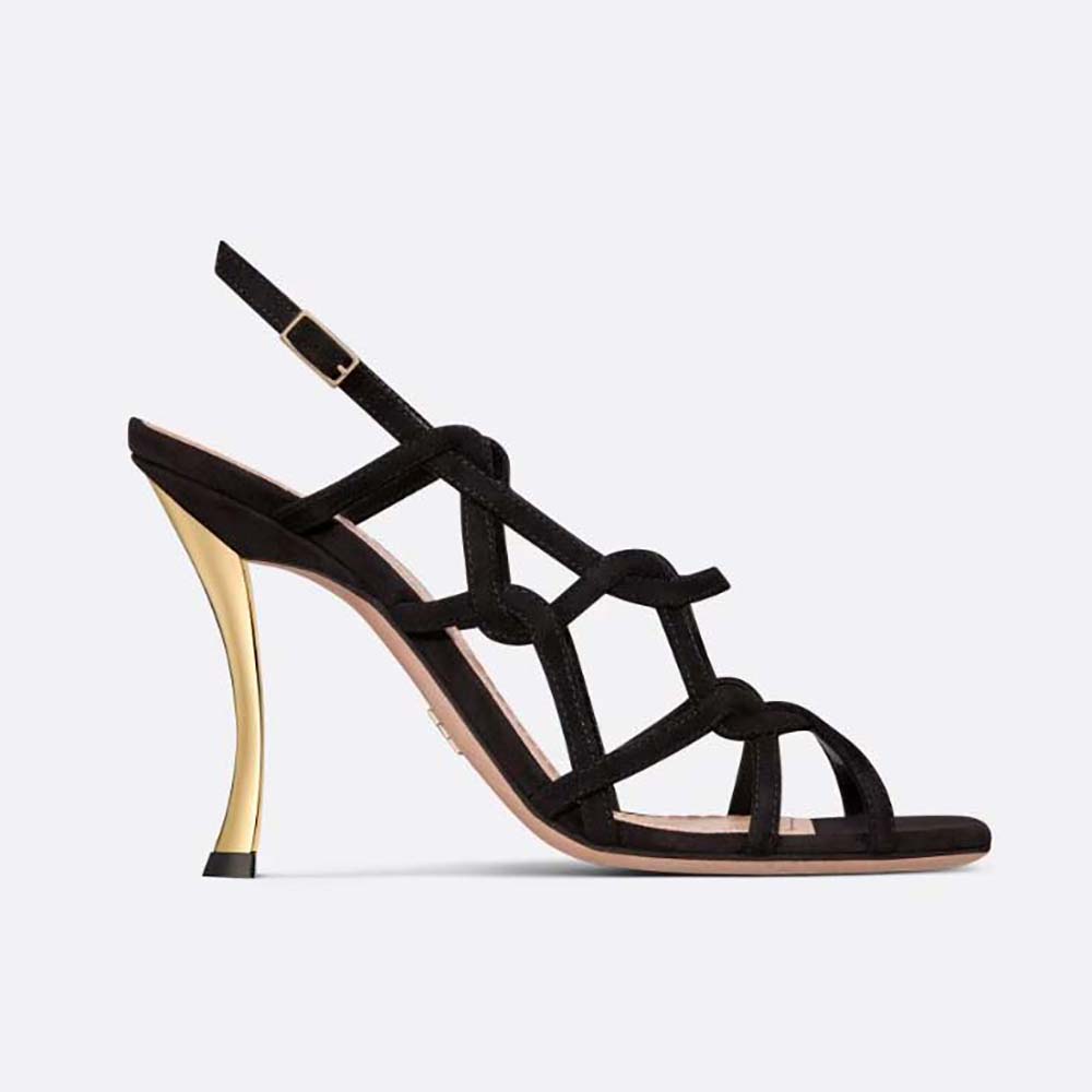 Side profile of Dior Women D-Fame Heeled Sandal Black Suede Calfskin