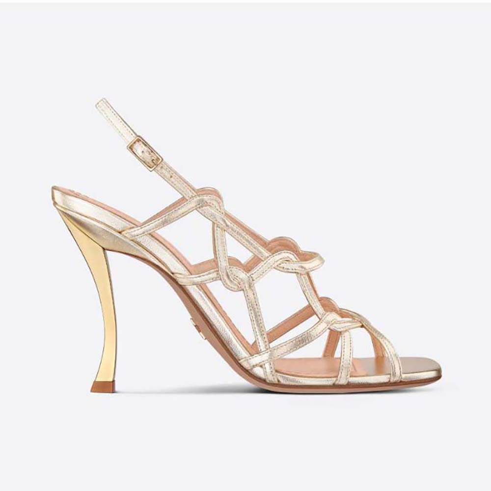 Side angle of Dior Women D-Fame Heeled Sandal in gold lambskin