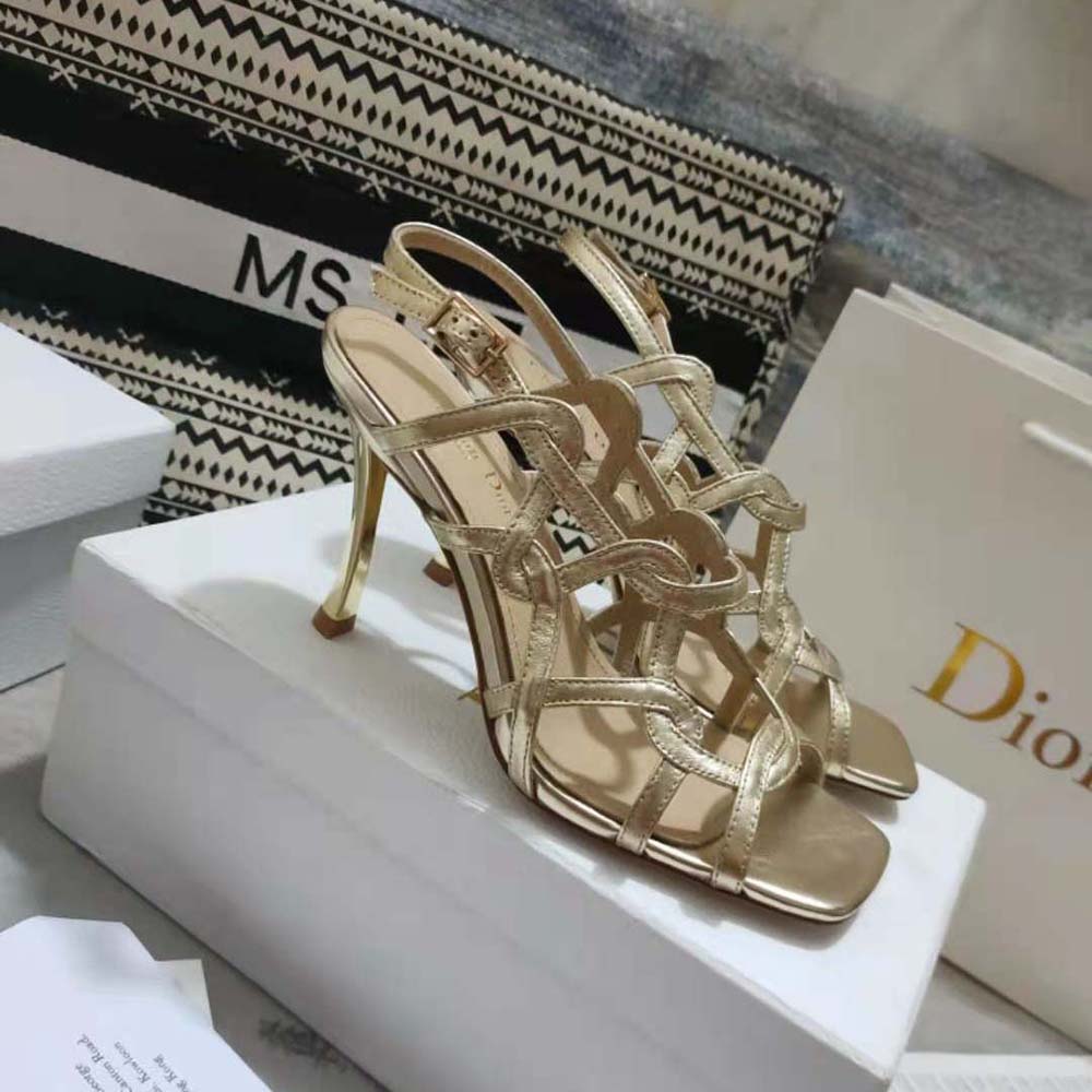 Rear view of high heel on Dior Women D-Fame Heeled Sandal gold leather
