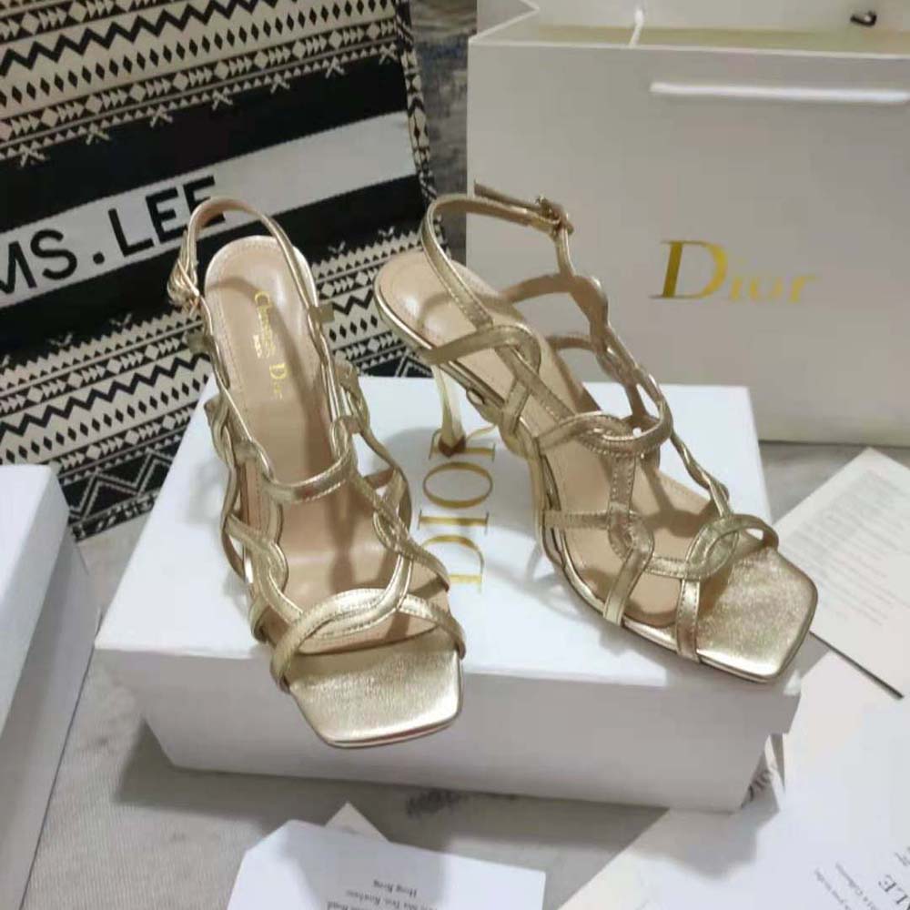 Close-up of gold-tone ‘D’ hardware on Dior Women D-Fame Heeled Sandal