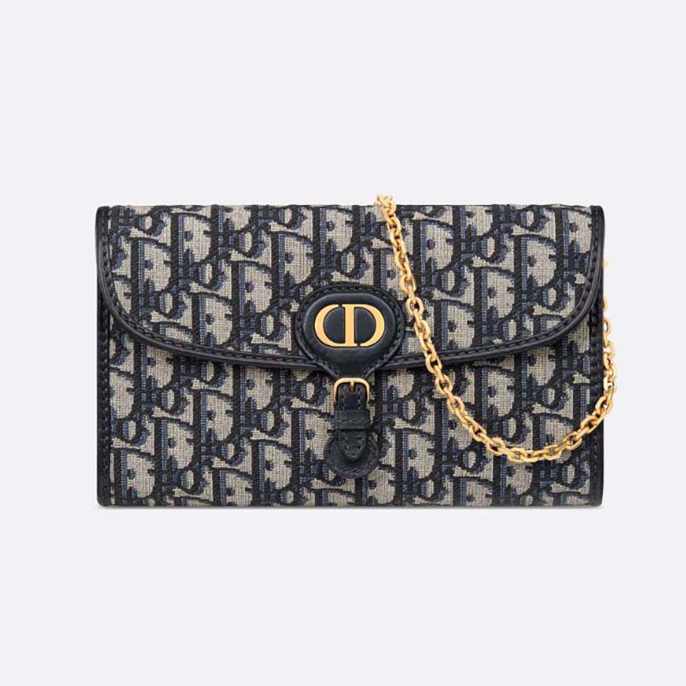 Front view of Dior Women Dior Bobby East-West Pouch with Chain Blue Dior Oblique Jacquard