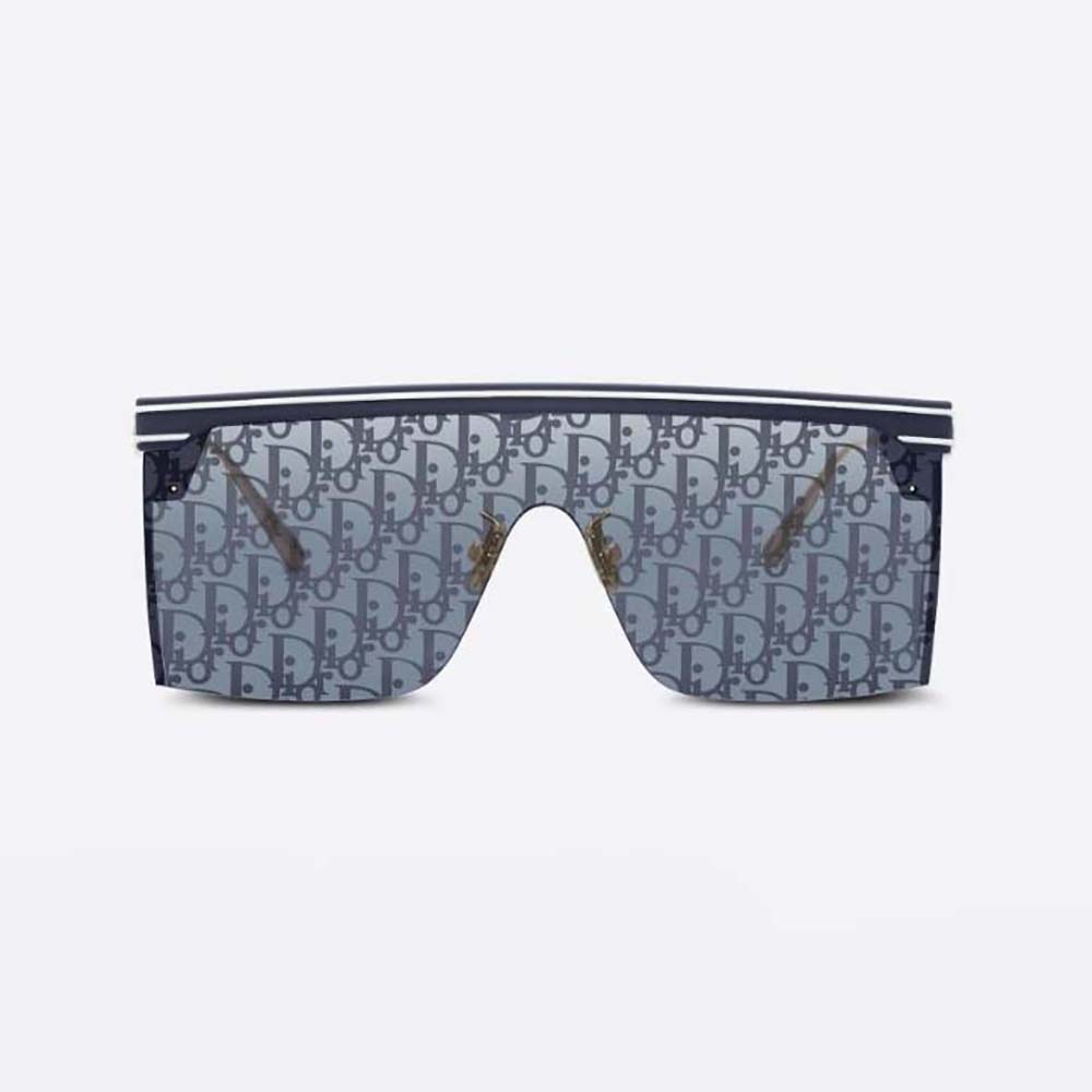 Close-up of silver Dior Oblique hardware on blue mask sunglasses