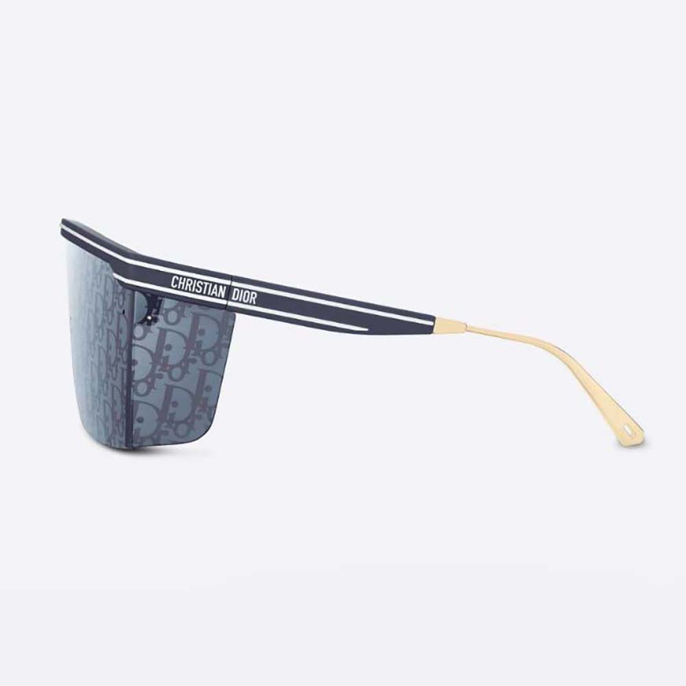 Side angle showing glossy blue acetate frame of Dior mask sunglasses