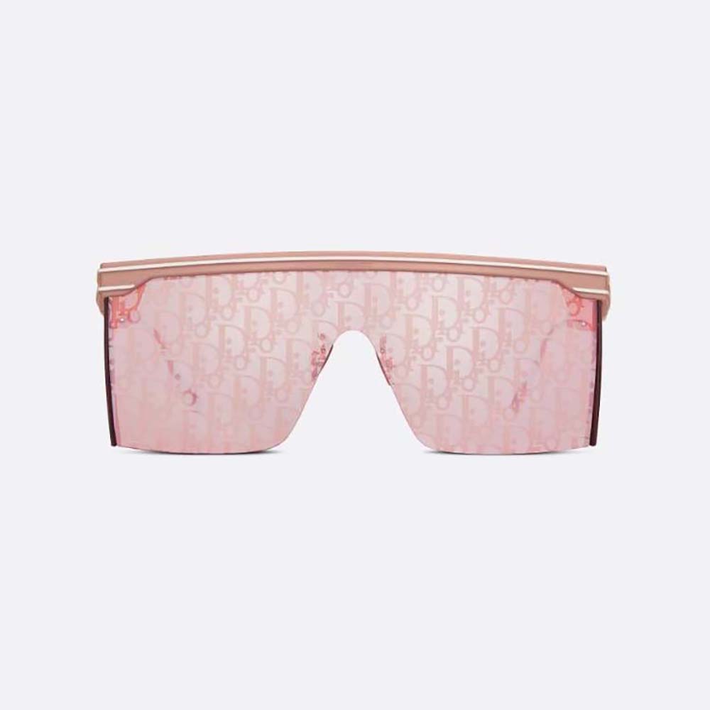 Close-up of pink Dior Oblique fabric temples and silver hardware detail