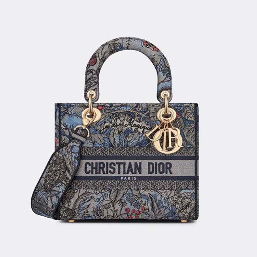 Front angle of Dior Women Medium Lady D-lite Bag Denim with Jardin Magique embroidery