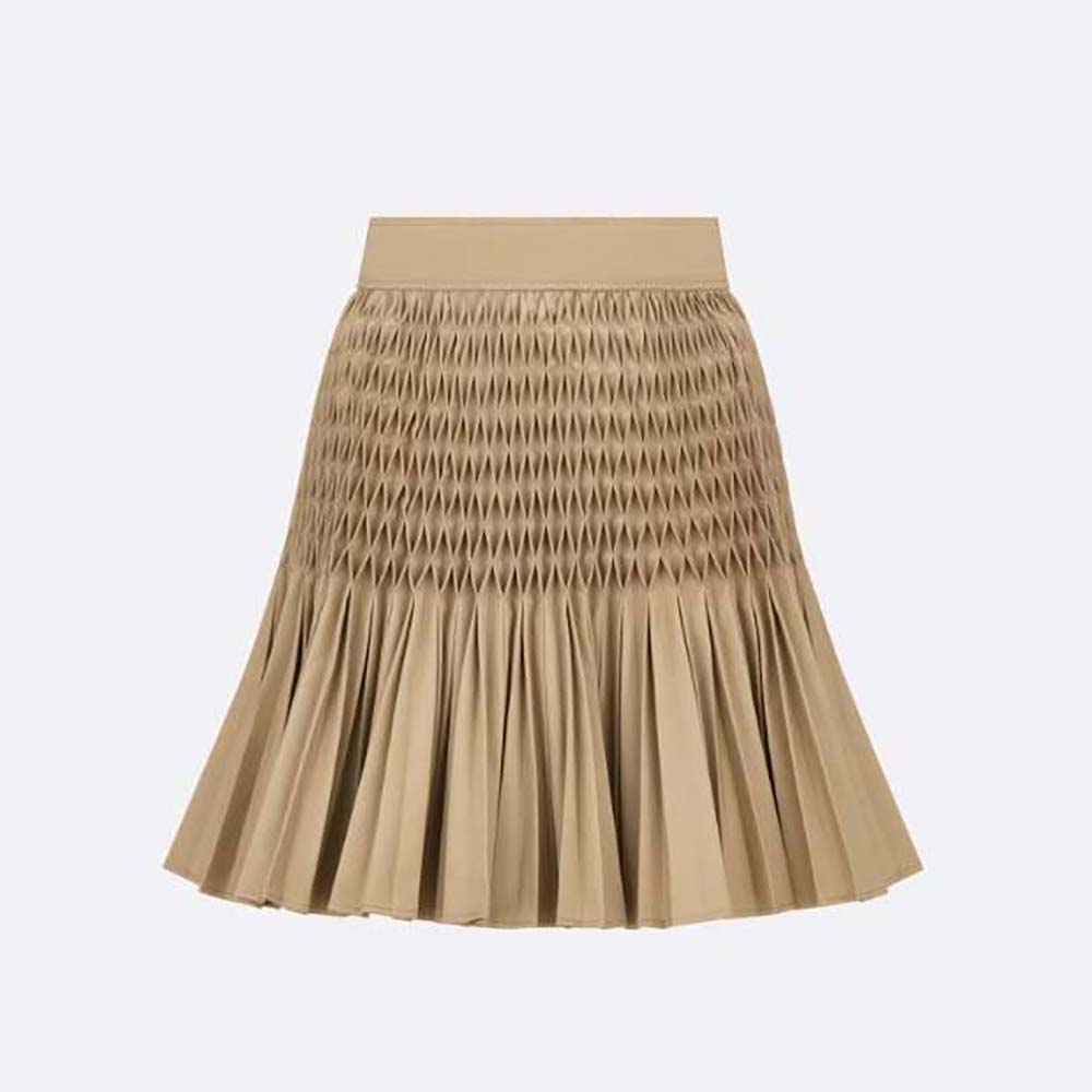 Front view of Dior Women Pleated Short Skirt Beige Cotton Gabardine