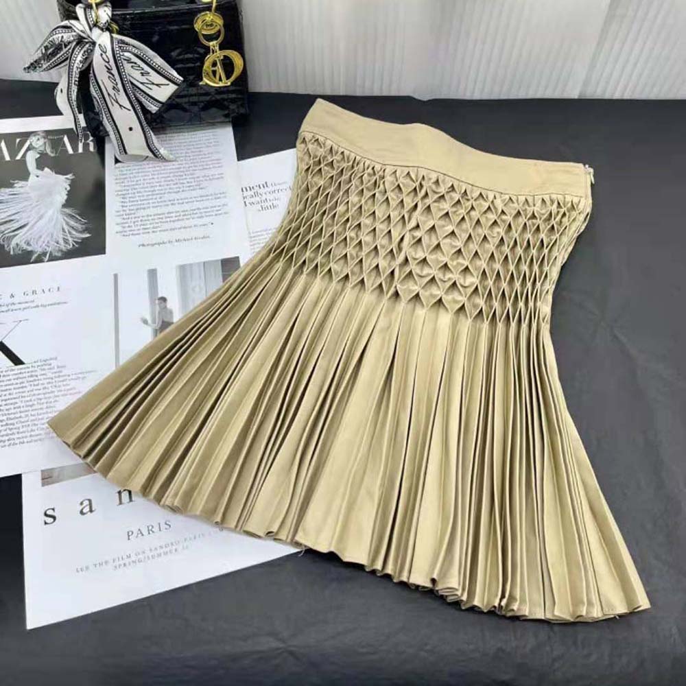 Close-up detail of pleats on Dior Women Pleated Short Skirt Beige