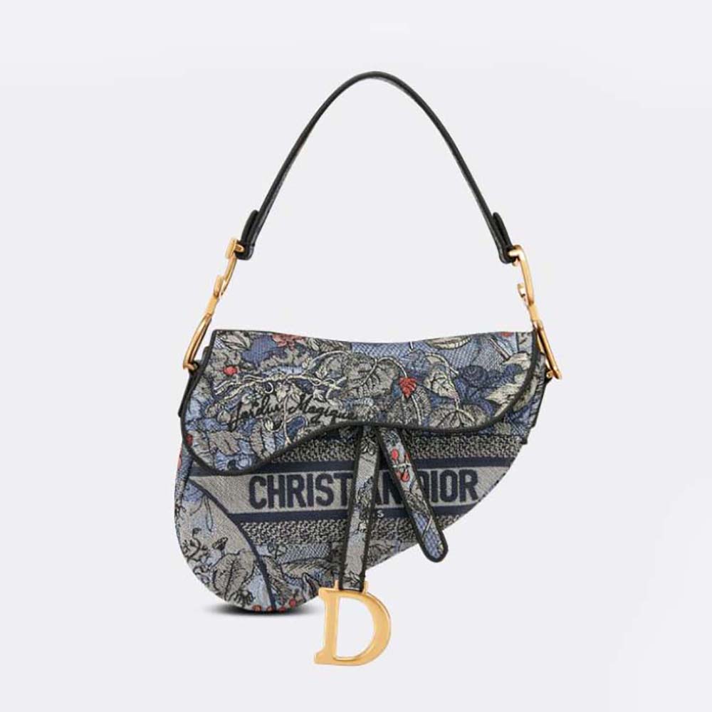 Front view of Dior Women Saddle Bag Denim Multicolor Dior Jardin Magique Embroidery