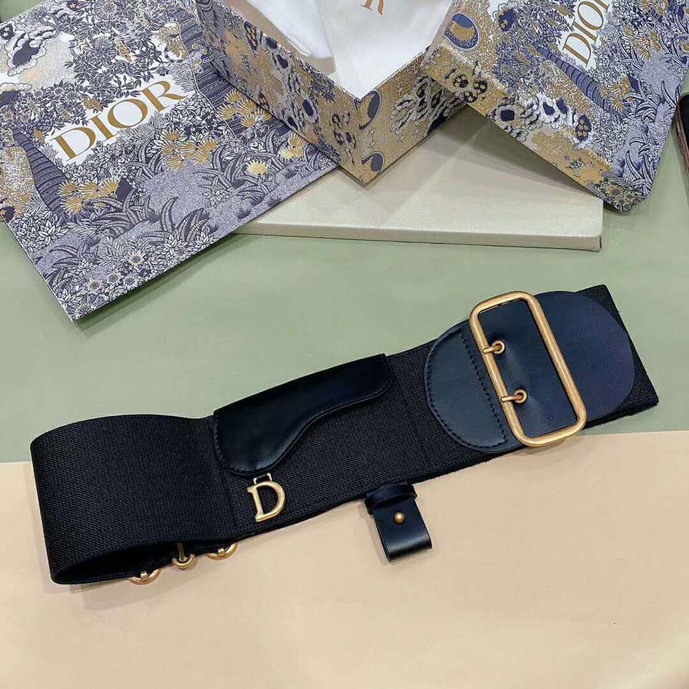 Side angle showing smooth calfskin and technical fabric mix on Dior Women Saddle Belt