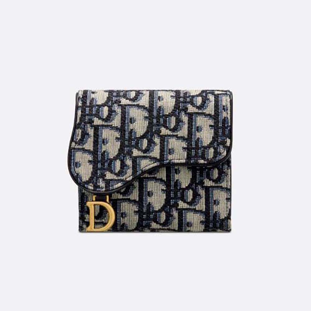 Front view of Dior Women Saddle Lotus Wallet Blue Dior Oblique Jacquard