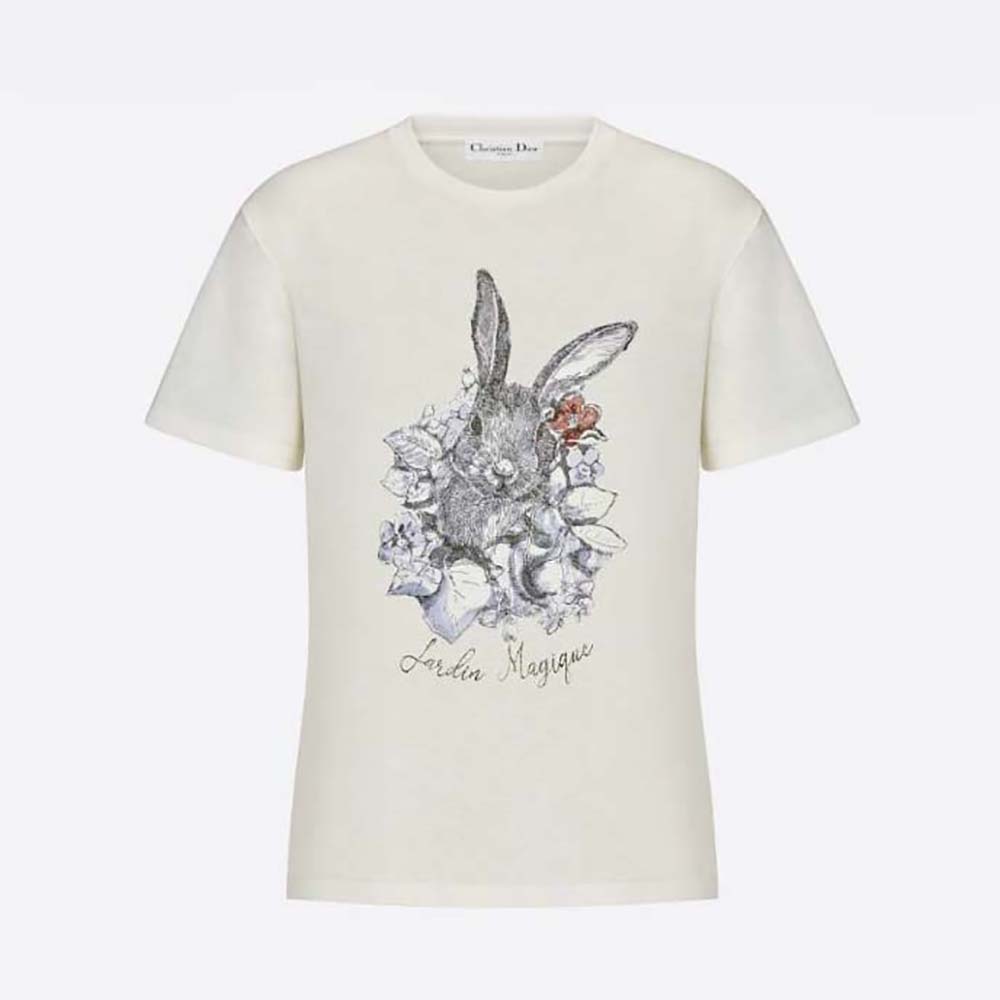 Front view of Dior Women T-shirt Ecru Cotton Jersey and Linen
