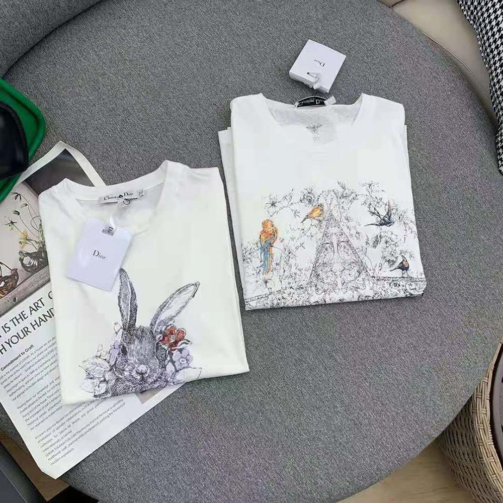 Dior Women T-shirt Ecru Cotton Jersey and Linen with Dior Jardin Magique Motif - image 10
