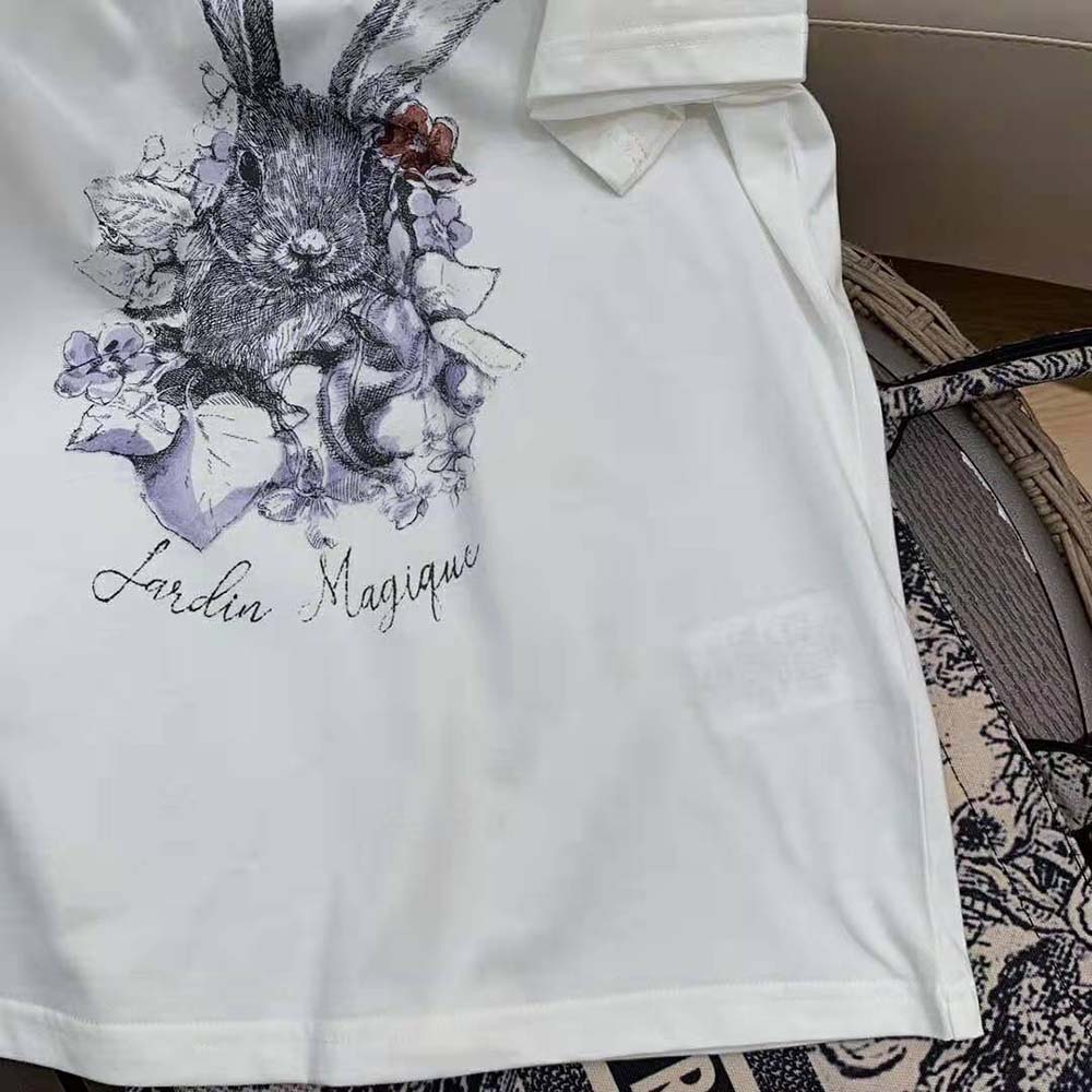 Dior Women T-shirt Ecru Cotton Jersey and Linen with Dior Jardin Magique Motif - image 7