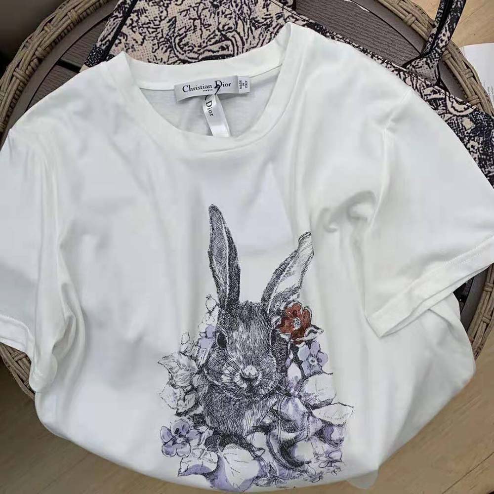 Dior Women T-shirt Ecru Cotton Jersey and Linen with Dior Jardin Magique Motif - image 5