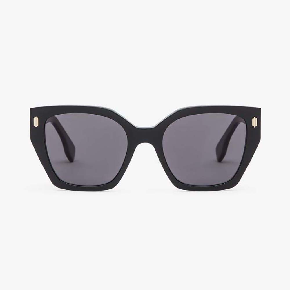 Close-up of black acetate frame and Fendi logo hardware detail