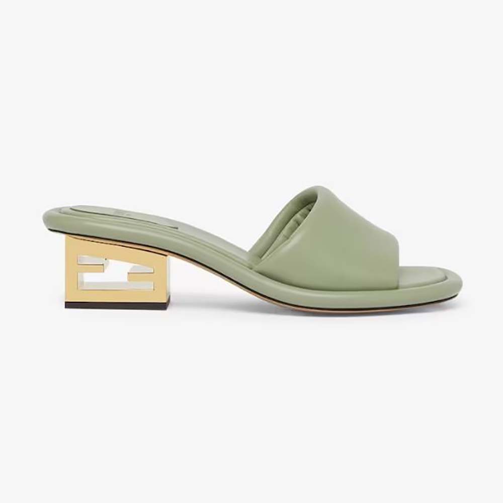 Side view of Fendi Women Baguette Green Nappa Leather Slides showcasing heel
