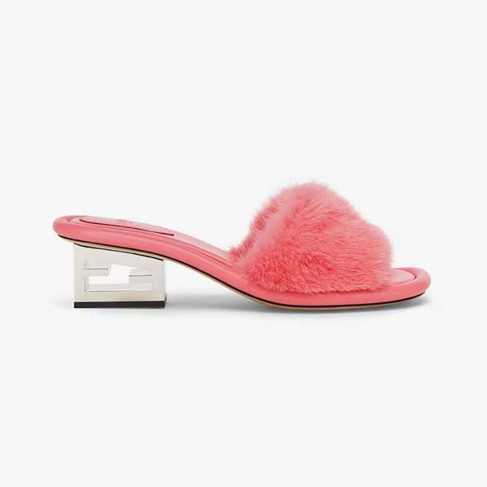 Side view of Fendi Women Baguette Pink Mink Slides showing heel detail