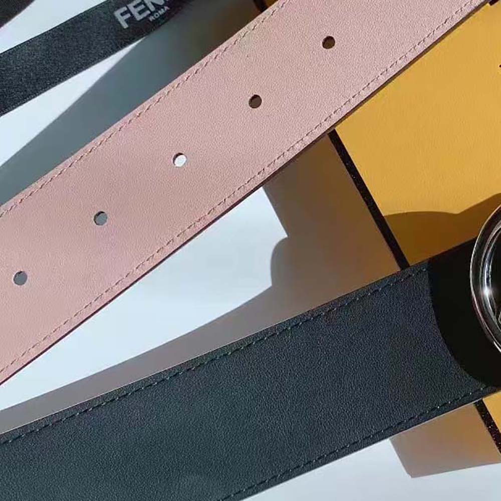 Side view showing reversible black and multicolor leather on Fendi Women F is Fendi Belt