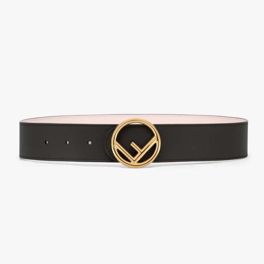 Front angle view of Fendi Women F is Fendi Belt Multicolor Leather Reversible with gold buckle