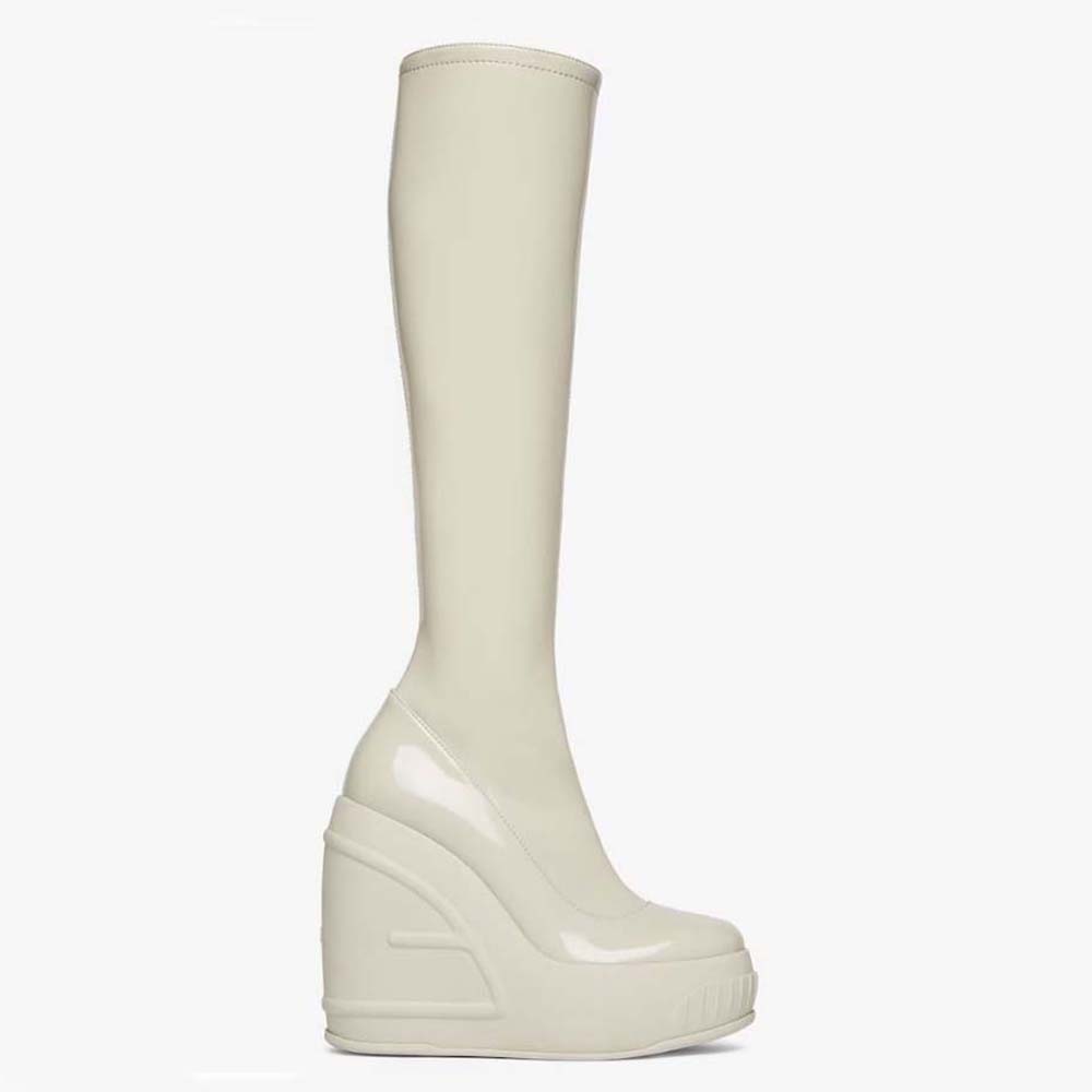 Side profile of Fendi Women Fashion Show White Patent Leather Boots