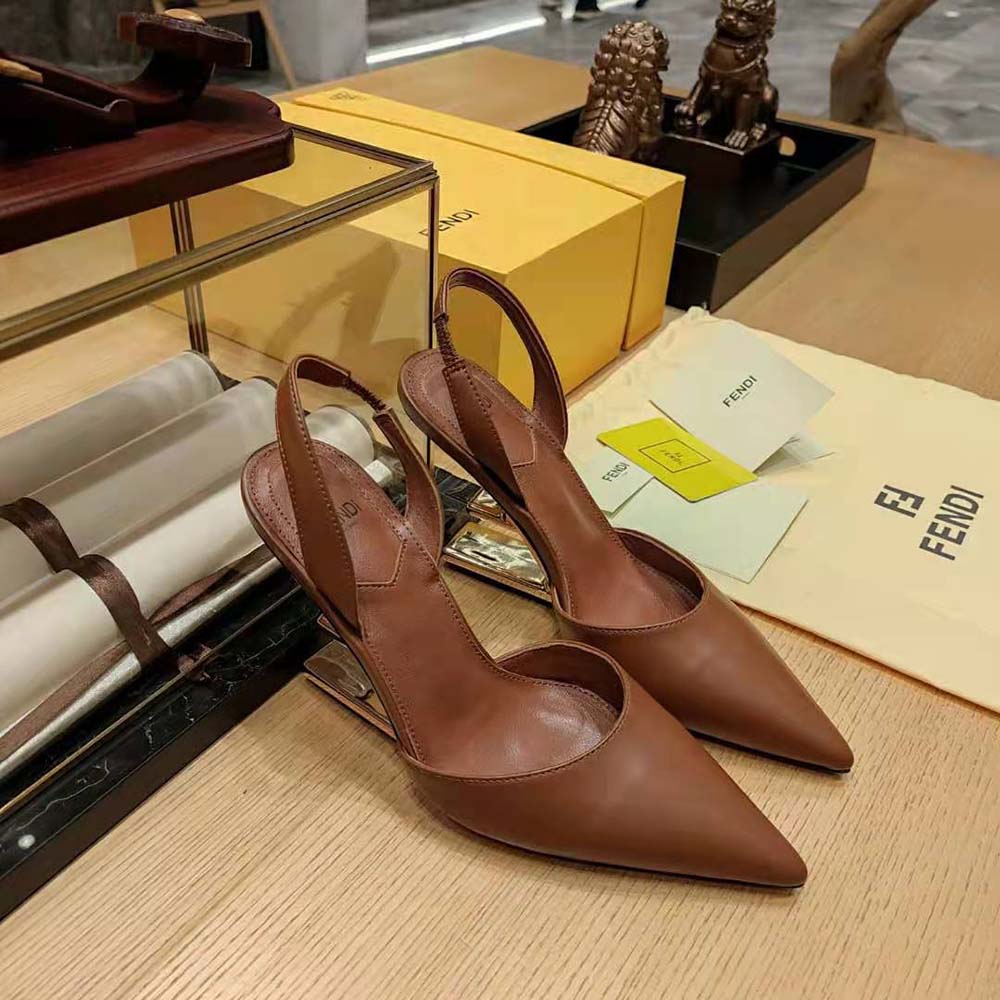Overhead shot showing brown leather and sleek high heel design
