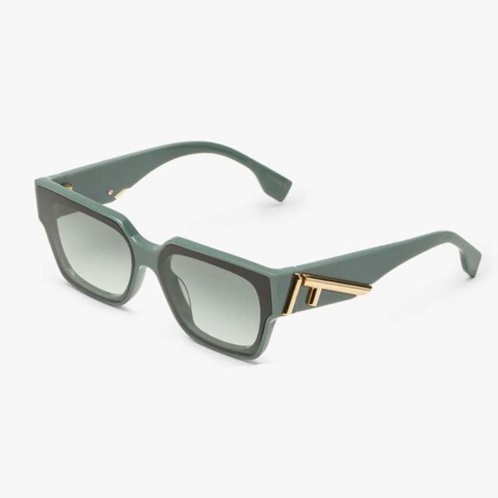 Front view of Fendi Women Fendi First Dark Green Acetate Sunglasses with signature gold hardware