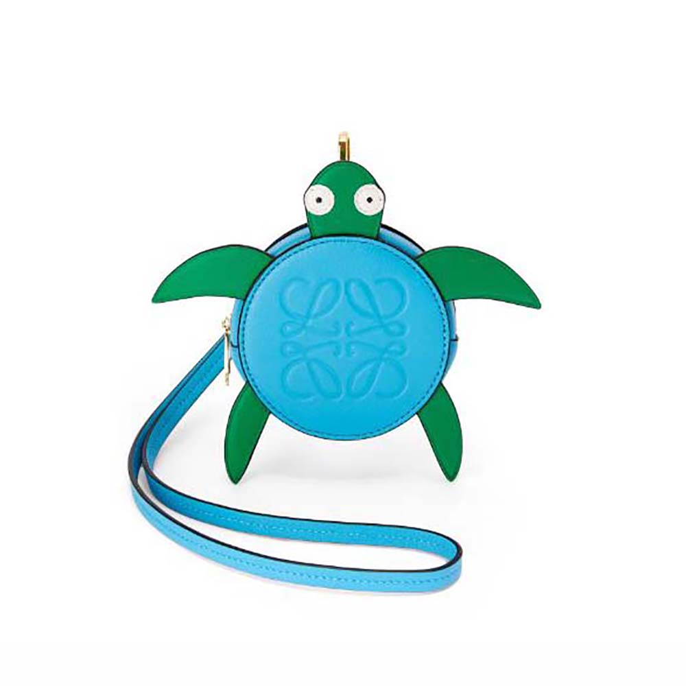 Front view of Loewe Women Turtle Cookie Pouch in blue calfskin